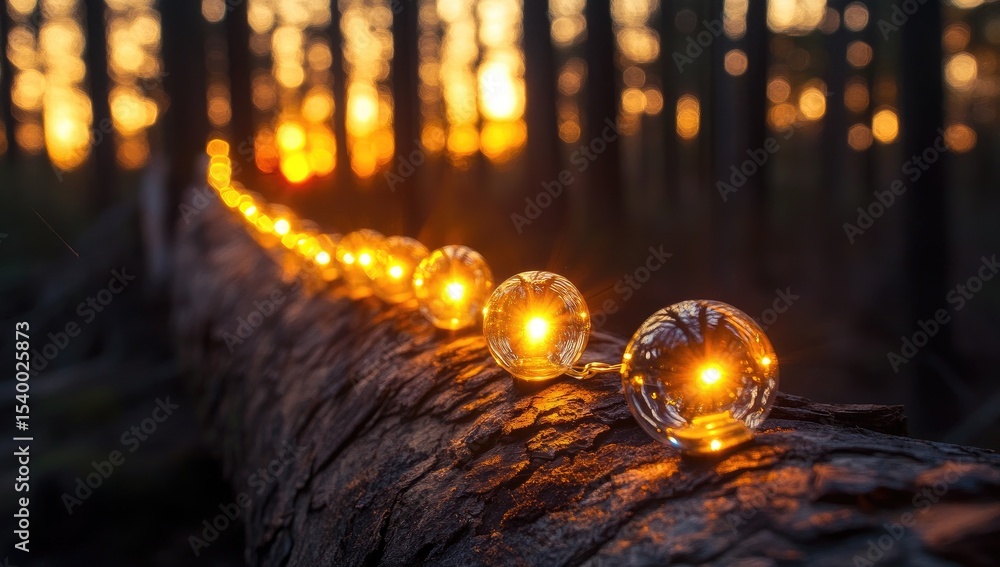 Obraz premium Warm lights strung along a fallen log in a forest at sunset