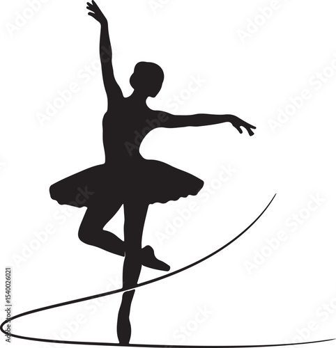 Black vector silhouette of a graceful ballet dancer in a dynamic pose, ideal for illustrating dance, yoga, or fitness
