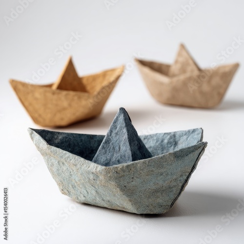 Three textured paper boats, muted tones, shallow depth of field; one in focus, others blurred, on white background