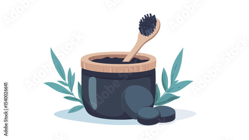 A digital illustration depicting a dark grey/black jar filled with a dark grey/black substance. A wooden spoon rests in the jar, also coated with the dark substance. Two dark grey/black discs sit