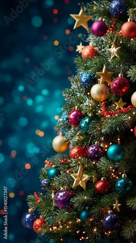 Colorful decorated Christmas tree with baubles, stars, and lights on blue festive background, holiday season