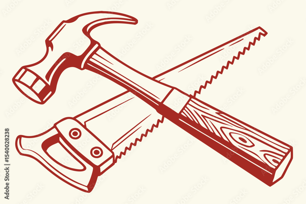 Obraz premium Vintage Hammer and Saw Illustration for Carpentry and Woodworking Projects