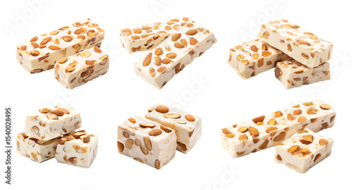 Collection of sweet nougat bars with roasted almonds isolated on a white background