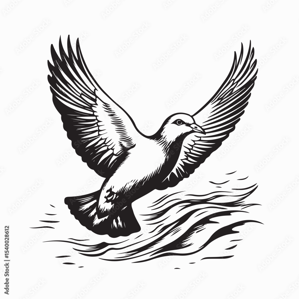 Obraz premium Dove Flying Over Body Water Image Vector Isolated on white background