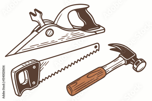 Hand tools illustration of a hammer hand saw and wood plane