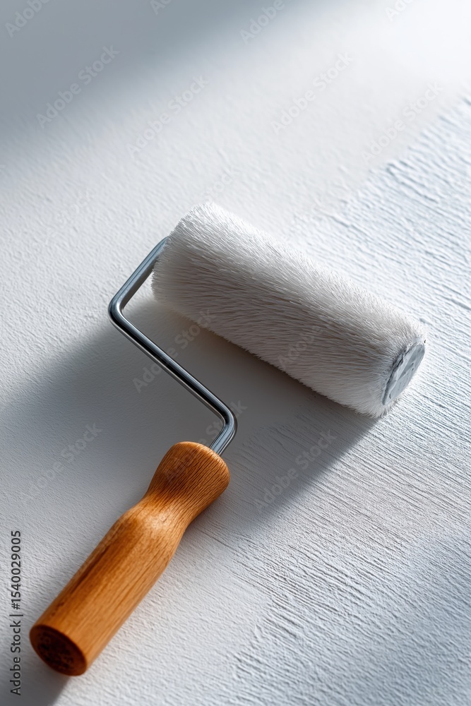 Fototapeta premium Paint roller with wooden handle on white surface in sunlight