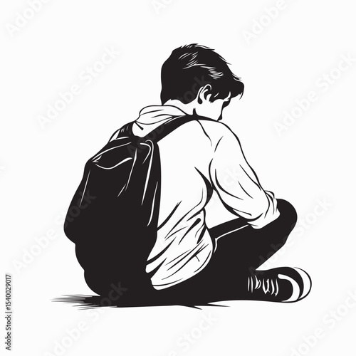 Sad Boy Sitting Alone on the Ground with a Backpack Vector Illustration