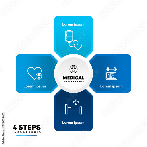 Vector plus infographic, medical diagram, healthcare graph, hospital presentation, emergency chart. Medicine doctor logo. Concept with 4 options, parts, steps, processes.