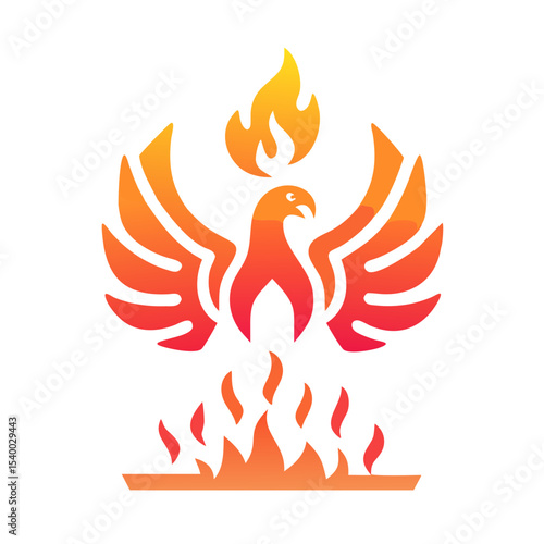 Minimalist flat vector illustration of a stylized phoenix rising from simplified flames, on white background. Resilience, renewal