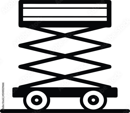 
"Line art of a scissor lift with extended crossbar mechanism, black and white icon."














