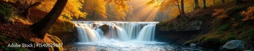 Sunlit autumn scene; yellow trees frame a rushing waterfall , picturesque, vibrant