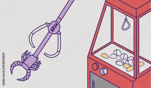An red empty claw machine inside a purple handle , an entertainment concept  
