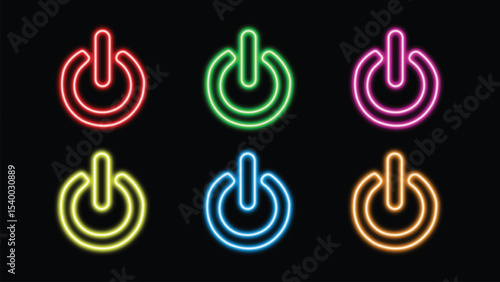 Neon glowing power button icon. Neon light power button turning on and off icon. six colour neon Power Button icon on the black background. Vector Illustration		