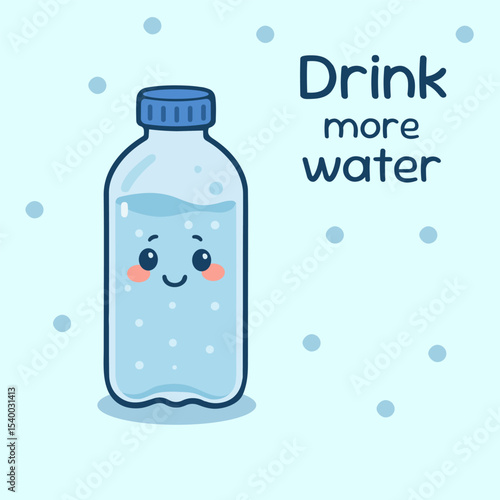 Cartoon water bottle vector with 'Drink more water' text. Playful flat design for health posters, fitness apps, and hydration reminders.