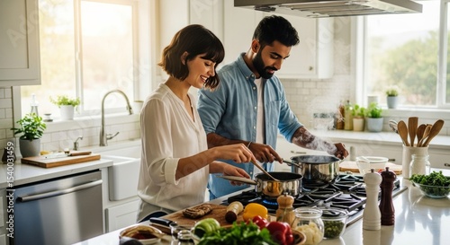 Fototapeta Naklejka Na Ścianę i Meble -  Happy Couple Cooking Together in a Modern Kitchen