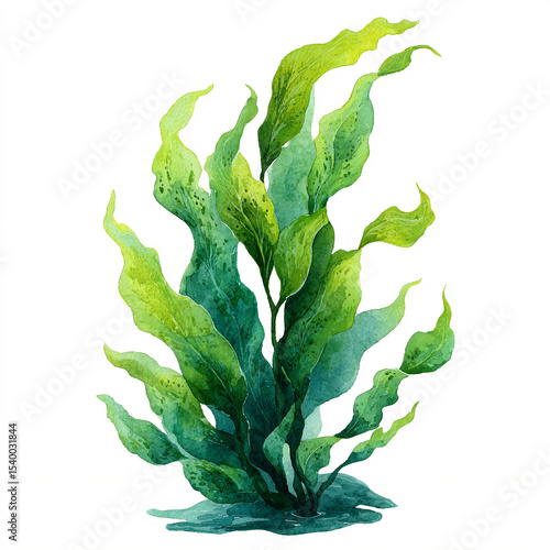 A single watercolor bright deep-sea kelp forest with green waves