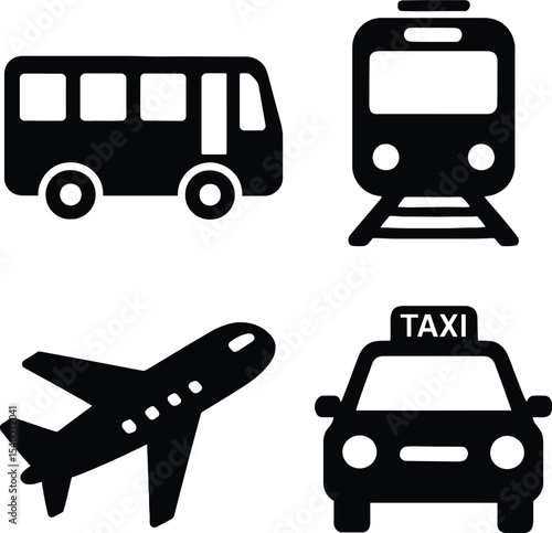 Public Transportation Icons Set - Bus, Train, Airplane, Taxi