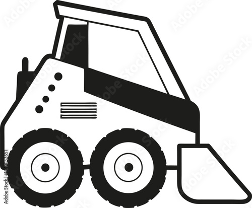 "Vector line art of a skid steer loader with front bucket and wheels, simplified industrial vehicle line art black and white