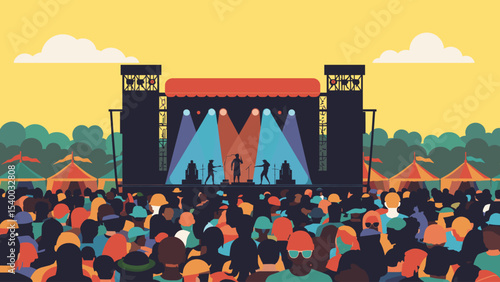 Flat vector illustration of a large music festival with a stage, colorful crowd, tents, and bright yellow sky. Outdoor summer concert scene
