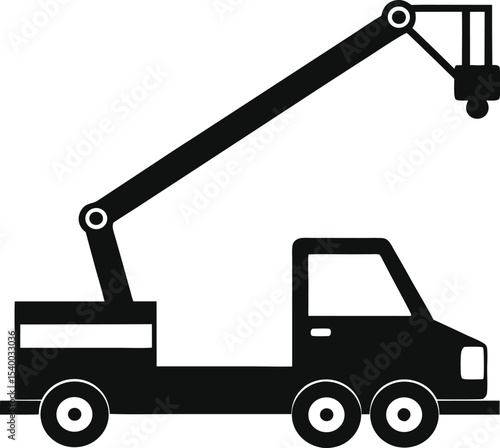 "Vector outline of a telescopic boom lift truck, elevated platform arm extended."












