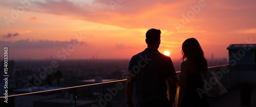 Two figures silhouetted against sunset on rooftop terrace,  joyful, friendship