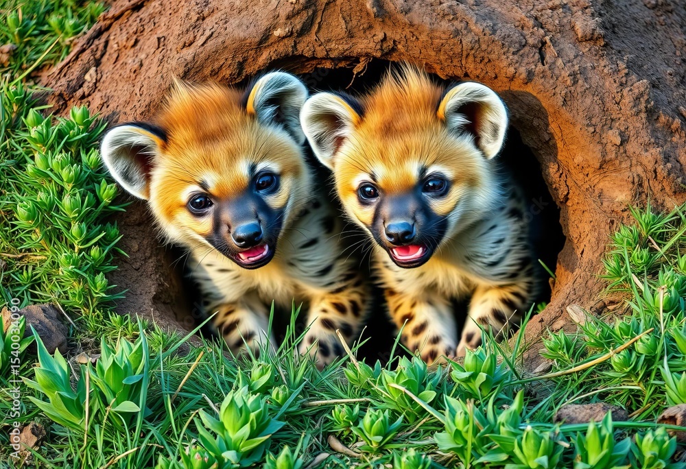 Obraz premium Two hyena cubs playfully peek from a grassy savannah burrow, zoology, cubs