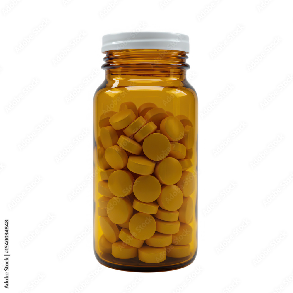Amber pill bottle with yellow tablets isolated on transparent background Amber pill bottle with yellow tablets isolated on transparent background