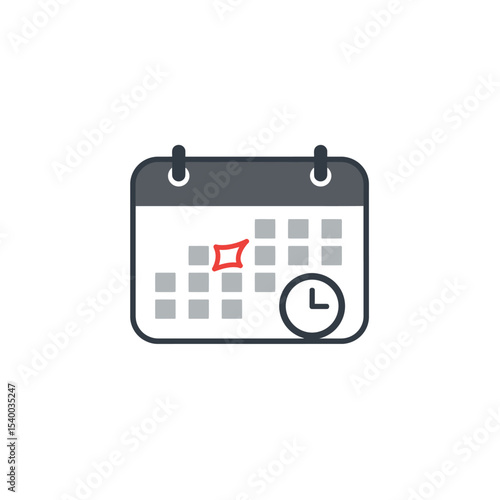Stylized Calendar Icon with Red Marked Date and Clock Symbol.