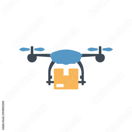 Delivery Drone with Box Blue and Yellow Modern Logistics Icon.