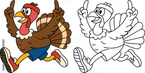 Running Cartoon Turkey in Sports Outfit for Thanksgiving with Colour and Outline Vector