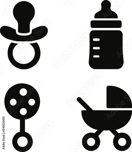 Baby Care Essentials Icons Set - Pacifier, Bottle, Rattle, Stroller