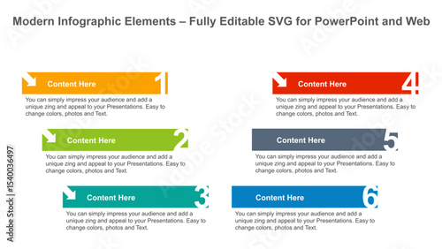 Numbered Arrow Infographic for PowerPoint – 6-Step Horizontal Layout. Fully editable vector SVG file compatible with PowerPoint, Illustrator, and most vector-based applications. Modern Infographic .