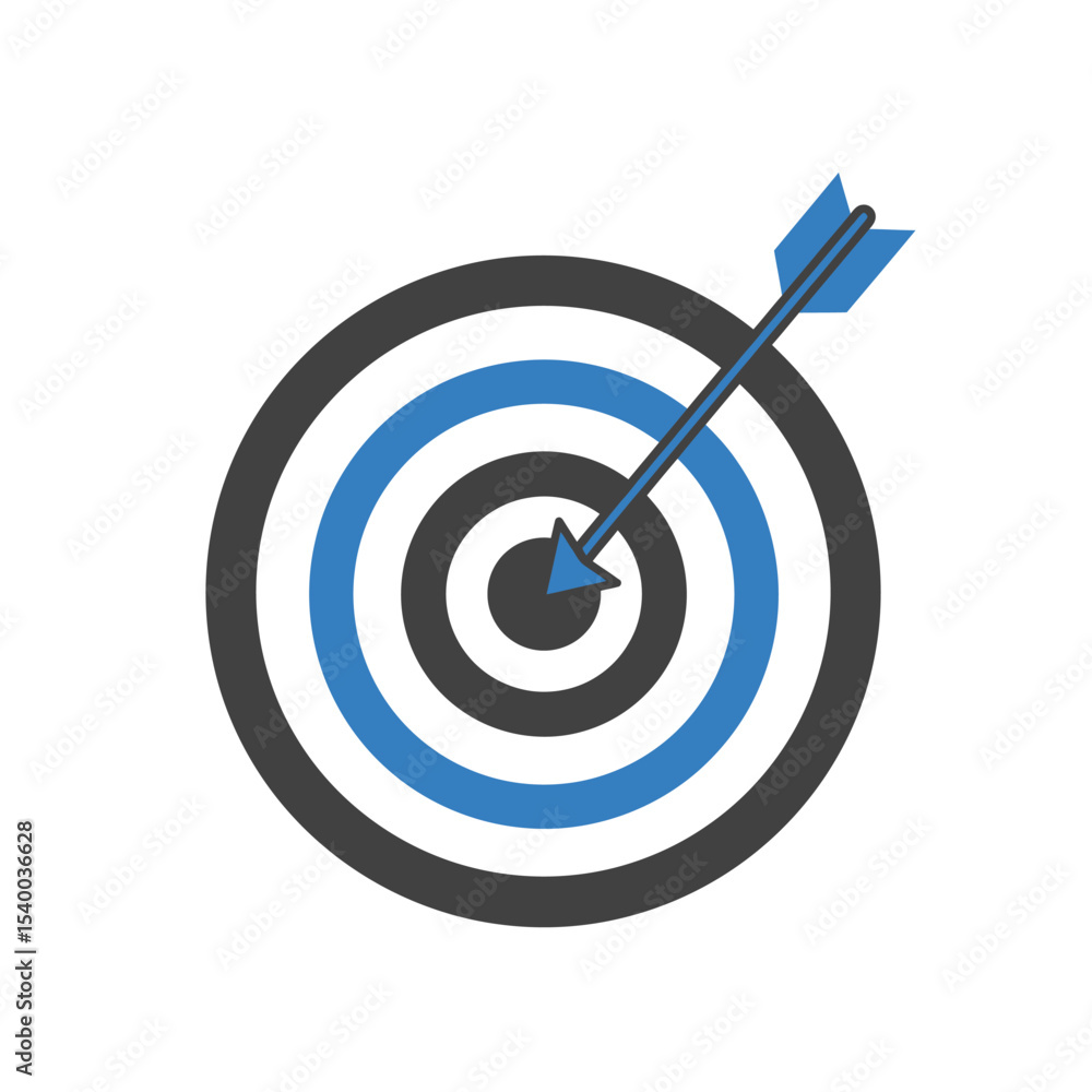 Blue Arrow Hits the Bullseye of a Concentric Target with Gray and Blue Rings. Blue Arrow Hits the Bullseye of a Concentric Target with Gray and Blue Rings.