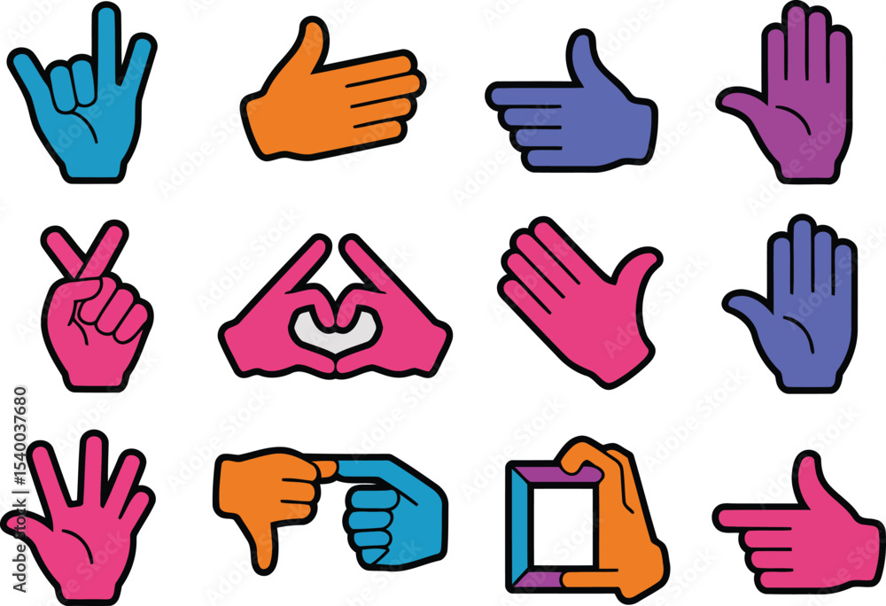 Fototapeta premium Colorful Hand Gesture Icons Set, Flat Design, Vector Illustration