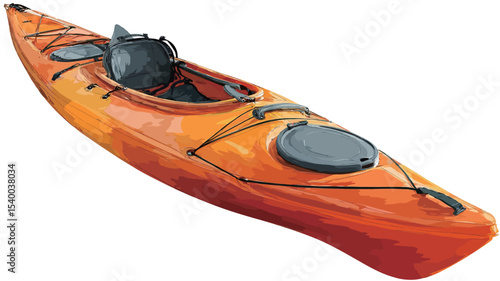 A digital illustration of an orange single-person sit-in kayak. The kayak is shown at a three-quarter angle against a white background.  It features a predominantly orange hull with a darker