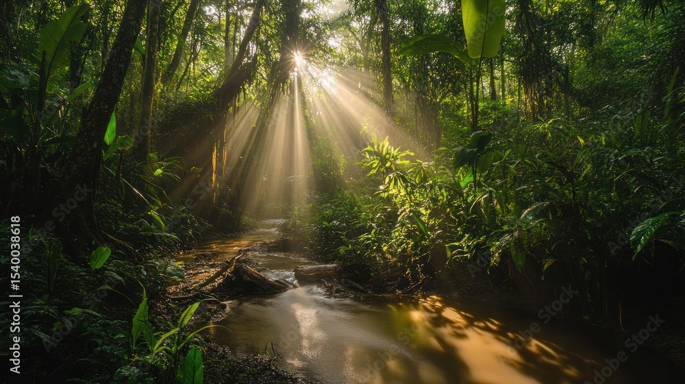 Fototapeta premium Sunlight streams through rainforest
