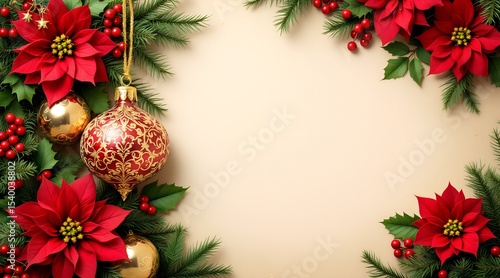 Festive christmas border featuring poinsettia flowers, ornaments, berries, and pine branches on cream background, JPG.