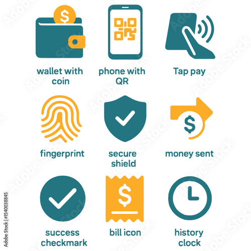 Graphic depicts various payment methods wallet phone tap pay fingerprint secure shield money sent checkmark bill icon history clock