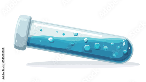 A digital illustration of a test tube lying on its side. The test tube is transparent, showing a light blue liquid inside with several small, round bubbles. The tube has a white cap at one end. The