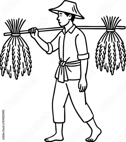 Asian farmer carrying harvested rice