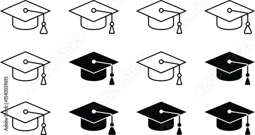 Graduation Cap Icons Black and White Outline and Filled Variations for Web and App Design