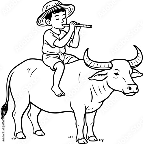Asian boy playing flute while sitting on a buffalo