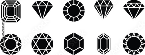 Ten Black Diamond and Gem Icons Geometric Shapes, Facets, and Sparkle Designs for Branding