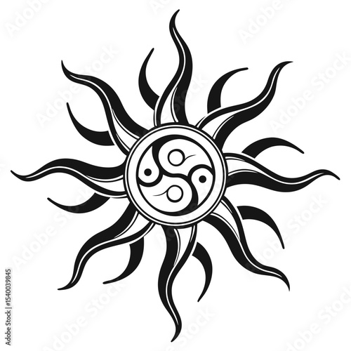 Stylized sun with curved rays and an intricate inner symbol creates bold image