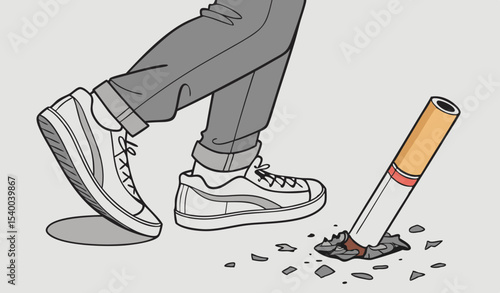 A crushed standing cigarette butt on the ground, unhealthy habits, a smoking concept  