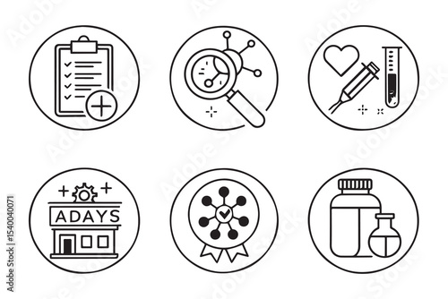 Clinical research icon set. Containing icon of analysis, evidence, clinical study, effectiveness, medications and health icons. Outline color vector symbol background