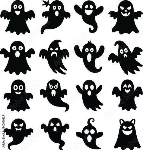 Eight black halloween ghosts with different expressions on a white background vector illustration
