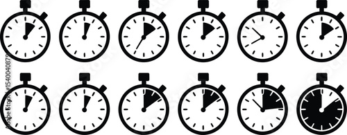 Stopwatch Icons Set Twelve Black and White Stopwatches Showing Time Intervals