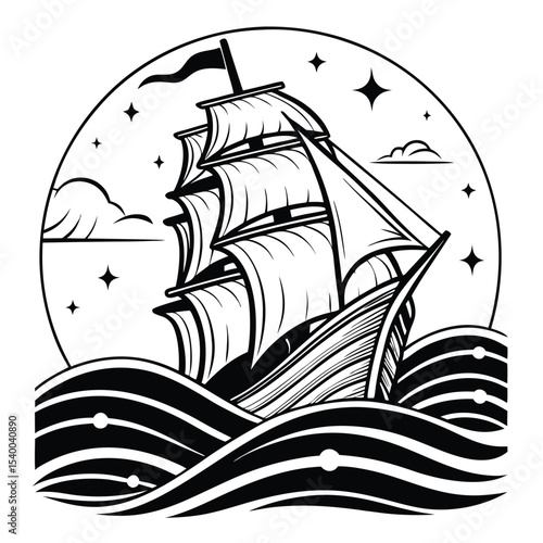 Black lined ship sails the ocean under the stars in a circular frame