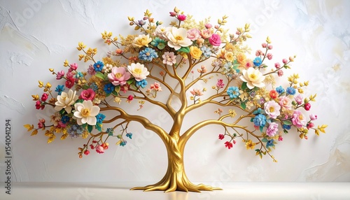 Golden Tree of Life: A vibrant explosion of colorful blossoms on a gilded tree, symbolising growth, beauty, and life's flourishing potential.